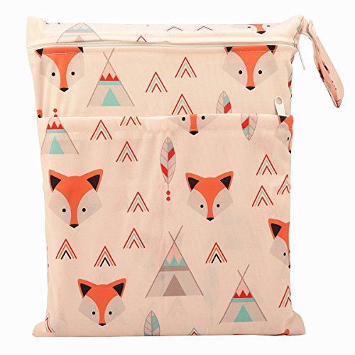 Image of Wet Dry Bag Baby Cloth Diaper Nappy Bag Reusable with Two Zippered Pockets (Baby Fox)