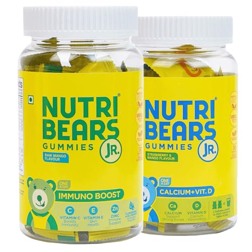 Image of NutriBears Kids Calcium and Immne Gummies for Kids and Teens, 60 Gummy Chewables, Strawberry and Raw Mango Flavour, Natural Gelatin Free Vegetarian Supplement for Strong Bones and Immunity, Combo Pack of 2