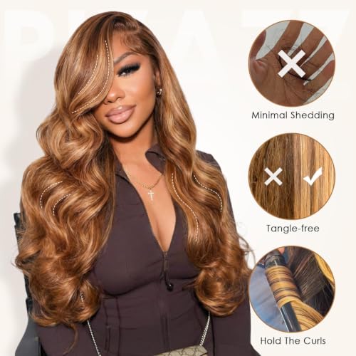 Image of Pizazz Ombre Highlight 13x4 HD Lace Front Wigs Human Hair Pre Plucked | 180 Density Glueless Body Wave Wigs Human Hair Pre Bleached Knots 4 /27 Honey Blonde Lace Frontal Wigs 30 Inch