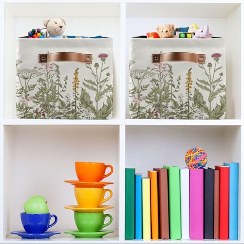 Image of Herbs Storage Basket Bin for Shelves Closet Botanical Foldable Fabric Storage Box Cube with Handles Kids Gifts Toys Cloth Shelf Basket Organizer for Bedroom Nursery Home Decorative
