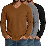 Neer 3 Pack Mens Big and Tall Waffle Shirts Long Sleeve V Neck Pullover Underwear Tops Basic Undershirts with Pocket(Black, Light Gray, Pumpkin,4X-Large)