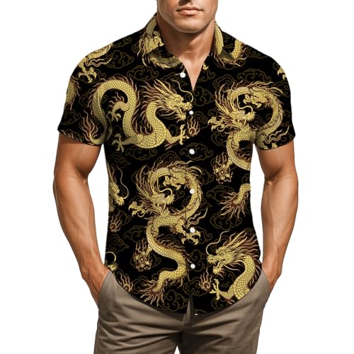 Mens Dragon Shirt Button Down Beach Casual Bowling Shirts