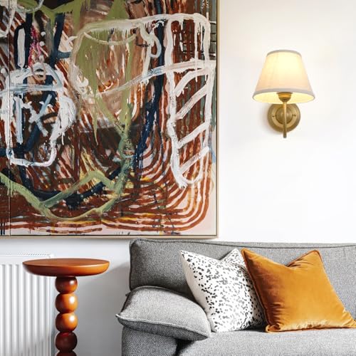 Image of Vintage Curved Arm Fabric Wall Sconce with Linen Cloth Shade, Hardwired Indoor Single Sconce Light Wall Mounted Lamp for Bedroom Living Room Stairs Hallway
