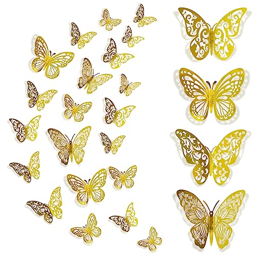 DAZAKA Mariposas Decorativas 3D Oro, 48pcs Pegatinas 3D Mariposas 3 Tamaños, Artesanías Calcomanías de Mariposas per infantiles e adulti, pegatinas pared Decorativas Dormitorio Fiesta Boda