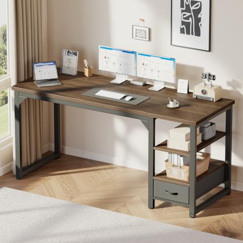 Image of Mericonia 48 in Computer Desk with Drawer, 1 inch Thick Reversible Office Desk | Modern Writing Table with Storage Shelves, Heavy Duty Industrial Study Desk for Home Bedroom Work