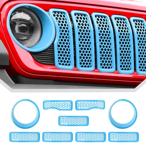 Image of JeCar Mesh Grill Inserts & Headlight Covers Fit for 2024+ Jeep Wrangler JL Grill Covers Trim Accessories (9pcs Light Blue)