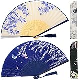 OMyTea Folding Hand Fans for Women - Chinese Japanese Vintage Bamboo Silk Fans - for Hot Flash, EDM, Music Festival, Party, Dance, Performance, Decoration, Wedding, Gift (White Rose & Blue Sakura)