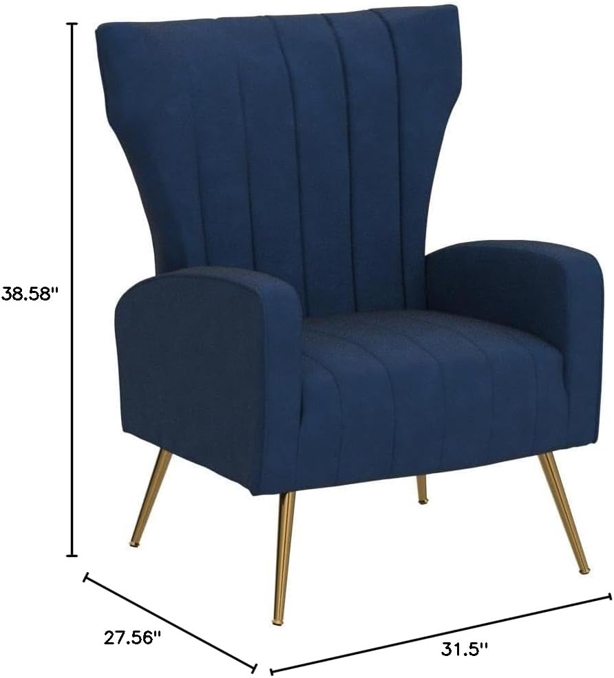 Modern Velvet Accent Chair, Channel Tufted Bedroom, Office or Living Room Furniture with Elegant Metal Legs, 26" Wide Armchair, Blue