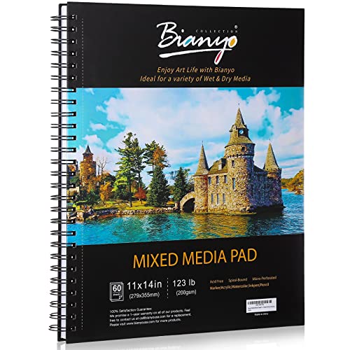 Bianyo Mixed Media Paper Sketchbook, 11' X 14', 60 Sheets/Each, 123 LBS/200 GSM, Spiral-Bound Pad, Micro-Perforated, Ideal for Wet & Dry Media Like Marker, Watercolor, Acrylic, Pastel, Pencil