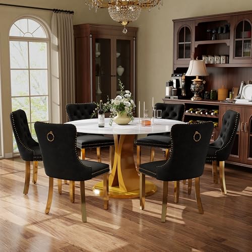 Image of 7-Piece Dining Table Set with 47In Faux Marble Table and 6 Velvet Upholstered Chairs, Modern Scandinavian Furniture for Dining Room Kitchen(Black&Gold)