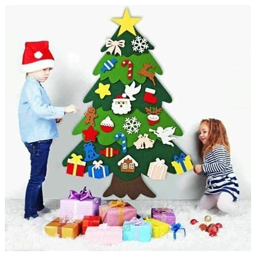 Sapin de Noël artificiel 3D en feutre à décorer soi-même avec 32 décorations - 20 lumières LED - 1,2 m - pour enfants et tout-petits - Maison, porte, fenêtre, mur (Ange avec lampe)