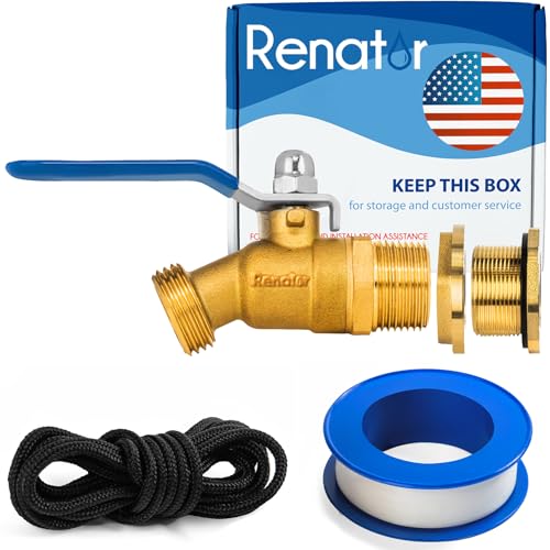Renator Brass Rain Barrel Spigot Kit. Lead-free Compliant. 3/4 Inch Quarter Turn Ball Valve. Rain Barrel Kit For Any Including 5 55 Gallon Drum Spigot Bucket, with Bulkhead Fitting, Tape