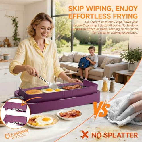 Image of Cleansnap Everyday Electric Griddle, Great Gift for Family Feasts - 20 inch Nonstick Grill with Foldable Anti-Mess Shield, Rapid 1700W Heat & PPG Ceramic Coating, Dishwasher Safe, Twilight Purple