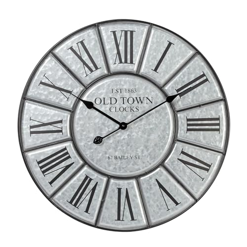 Kiera Grace Round Rustic Halton Decorative Galvanized Metal Wall Clock, 24.5 x 24.5 inches, Silver