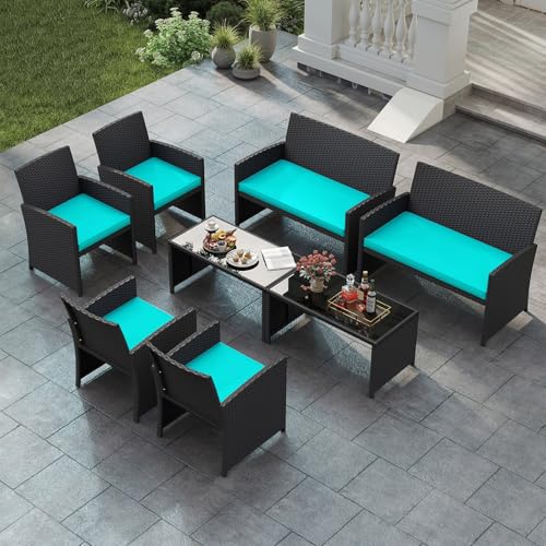 Image of Tangkula 8 Pieces Patio Wicker Furniture Set, Outdoor Heavy Duty Rattan Cushioned Chairs, Loveseat and Tempered Glass Coffee Table, for Backyard, Balcony, Poolside (Turquoised,2)