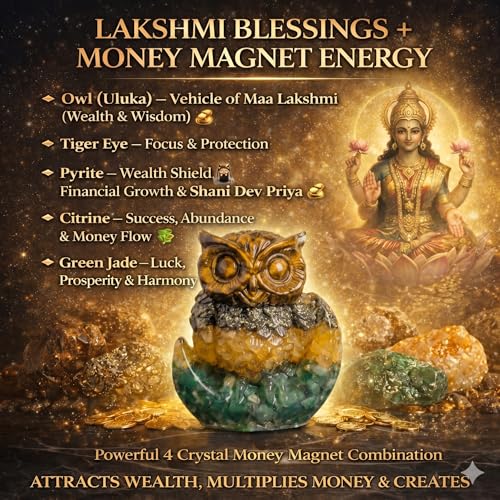 Image of Money Magnet Owl with Moon Base (Maa Laxmi Ji Vahan) with 4 Money Attraction Crystals for Wealth & Protection | Vastu Feng Shui Owl for Money Attraction & Good Luck | Home Decor Gift