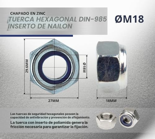 Miniatura 4 de Doja Barcelona Tuercas De Seguridad 10 Pcs Tuerca Autoblocante M18 27 X 29,6 X 18,5mm En Acero Galvanizado Tuerca Hexagonal Roscada Con Freno, Antivibración, Autoblocante