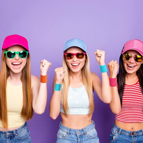Image of WILLBOND 8 Pack Wrist Sweatbands Sports Wristbands Tennis Sweatbands Neon 80s Thick Cotton Gymnastics Sweat Band Athletic Football Soccer Sports Wristband for Men Women Party