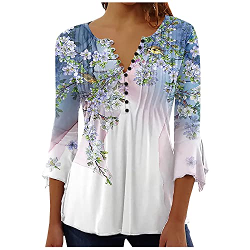 Womens Boho Tops 3/4 Sleeve t-Shirt Shirts Casual Summer Trendy Graphic Tees Floral Print v Neck Empire Waist Tunic Tops