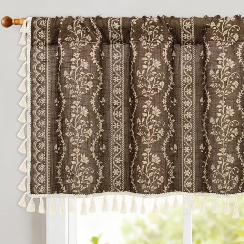 Image of Yinhua Boho Valance Curtains Vintage Linen Kitchen Valances for Windows Light Filtering Bohemian Floral Valance Rod Pocket Tassel Window Valances for Bathroom Cafe, 52 inch W X 18 inch L, Brown