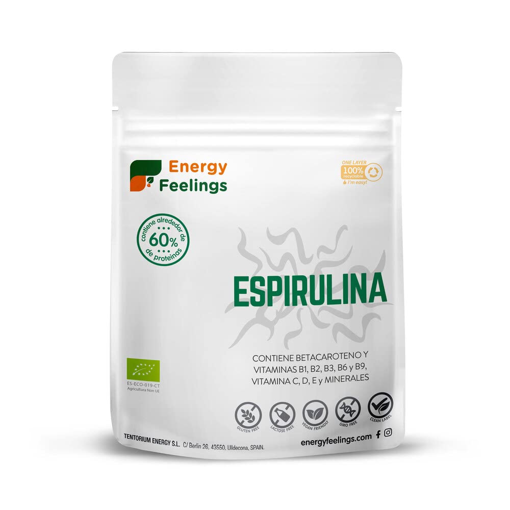 Energy Feelings Spirulina Eco - 1000 gr, 60% de Proteína, Proteína en Polvo Vegana y Ecológica, Rica en Vitaminas y Minerales, Sin Lactosa, Sin Gluten, Ideal para Sopas y Ensalada, Pack XXL