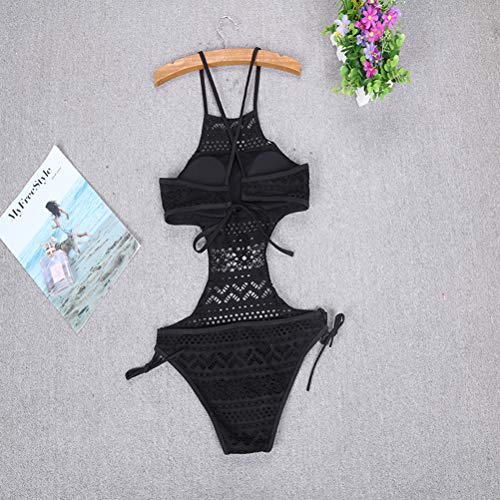 Maiô feminino de renda vazada roupa de banho push-up roupa de banho (preto/M)