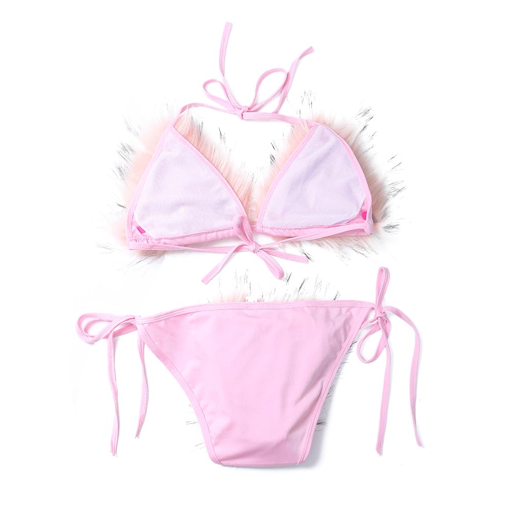 ZOSCGJMY Women's Faux Fur Halter String Triangle Bikini Sets Two Piece Swimsuits: One Size Pink-4