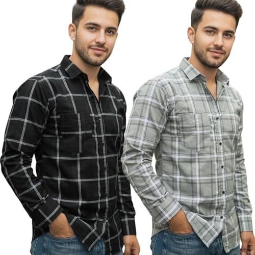 Image of Pack of 2 Men's Cotton Fabric Button-Down Full Sleeve Collar Neck Regular Fit Checked Print Shirt