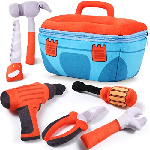 Image of 7 Pcs My 1st Toolbox Playset Stuffed Construction Tools Plush Toy Including Drill, Screwdriver, Handsaw, Hammer, Wrench, Plier and Zippered Tool Box for Toddlers Kids Birthday Party Favor