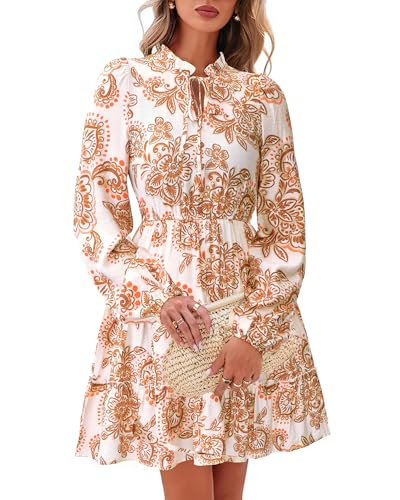 BTFBM Women Fall Dresses 2025 Floral V Neck Long Sleeve Tiered Ruffle Boho Swing Flowy A-Line Mini Dresses Vacation