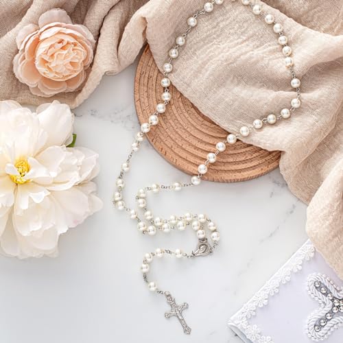 ROCEEI 24 Pcs 8mm Glass Pearl Beads Rosary Necklace First Communion Rosary Rosary Chain with Alloy Cross Mesh Bag for Gifts4