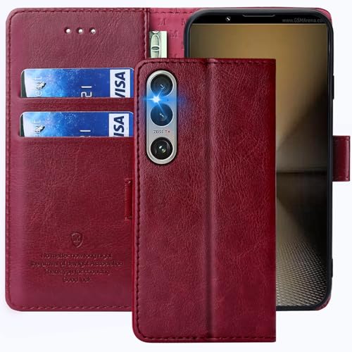 FMPCUON Coque pour Sony Xperia 1 V - Étui à Rabat en Cuir PU Premium, Portefeuille de Protection Magnétique, Rouge