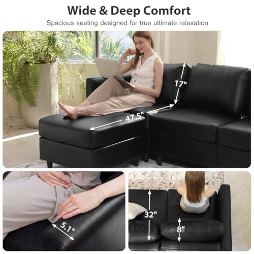 Image of ABCASA Oversized Modular Sectional Sofa, 118.5 inch Faux Leather 6 Seater U Shaped Couch with Movable Ottoman and Storage Seat with Reversible Chaise Deep Seat for Living Room Black