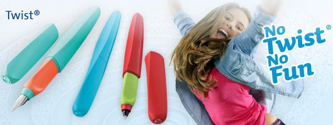 Pelikan Twist in Assorted Colours, Ergonomic Fountain Pen, for Right and Left-Handed, for School and Office, M Stainless Steel Nib, 2 Blue Cartridges and Eraser Included, Refillable