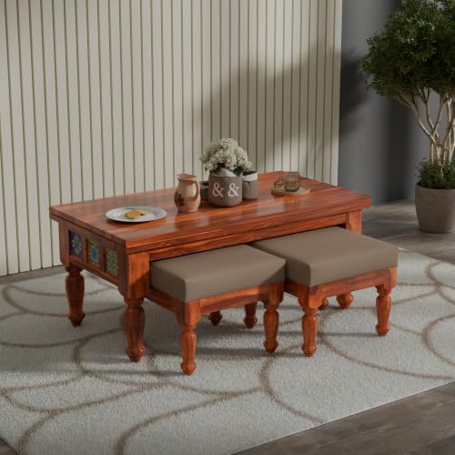 Image of Solid Sheesham Wood Center Coffee Table with 2 Cushioned Stools | Wooden Coffee Table | Space Saving Nesting Design for Living Room, Drawing Room, Hall, Bedroom, Office | Honey Finish