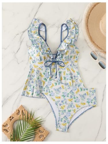 SweatyRocks Women's Floral Print Tankini Set Ruffle V Neck High Waisted Swimsuit Swimwear3