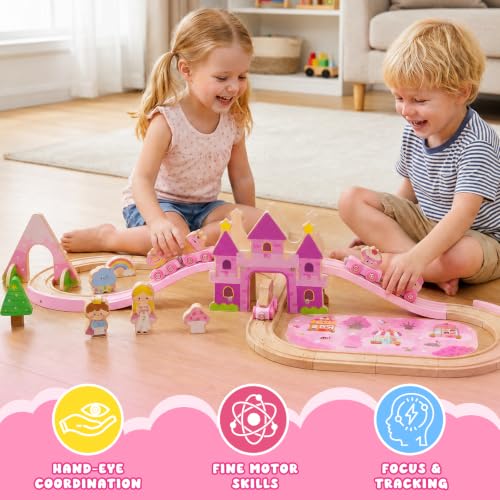 GAGAKU Wooden Train Set for Girls 2-4, 41 PCS Montessori Toddler Train Track Toys with Magnetic Cars, Castle Bridge, Tunnel & Play Mat, Educational Wooden Railway Set for Kids Girls Gifts - Image 6