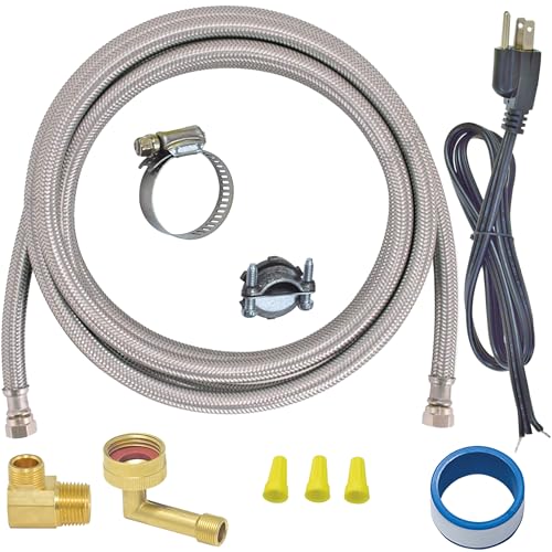 Eastman 6 Ft. Dishwasher Installation Kit Braided Stainless Steel Supply Line with 3/8 Inch Compression Ends 3-Prong Straight Power Cord 41150
