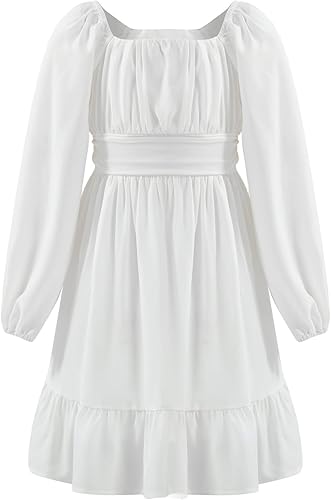 Miniatura 8 de blibean - Vestido de manga larga con lazo en la espalda para niñas y preadolescentes, vestido de otoño con hombros descubiertos, tallas para 6-15