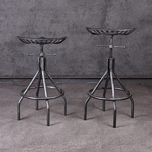 Lisuden Industrial Tractor Seat Barstools Farmhouse Cast Iron Adjustable Counter Height Stools Swivel Kitchen Saddle Bar Stools Set Of 2 Metal Black Brush Silver Dining Chair 24"-30" #TOP6