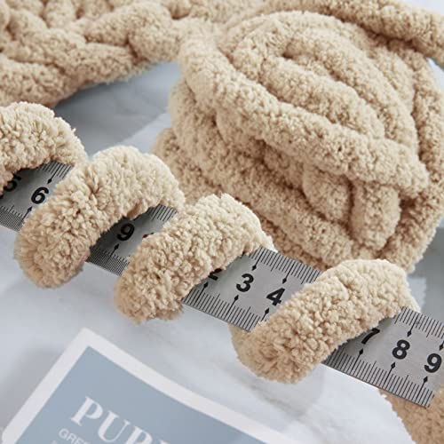 هومبيز خيوط شانيل مكتنزة كاكي للحياكة، خيوط غزل سميكة ومنفوشة للحياكة، خيوط غزل سميكة للغاية للحياكة اليدوية، خيوط مخملية ناعمة، عبوتان جامبو (27 ياردة، 8 اونصة لكل شلة)