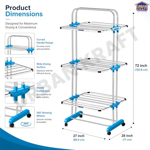 Image of URBAN KRAFT 3 Tier Stainless Steel Foldable Cloth Drying Stand | Premium Clothes Rack for Drying | Heavy Duty Clothes Dryer Stand | Laundry Racks for Drying - Indoor /Balcony