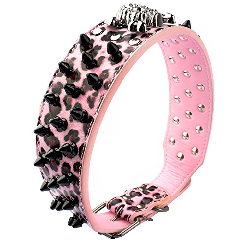 Beirui Spiked Leather Dog Collar - 3 Rows Bullet Rivets Studded PU Leather - Cool Skull Pet Accessories Best Choice for Medium and Large Dogs,Pink Leopard 15-18"