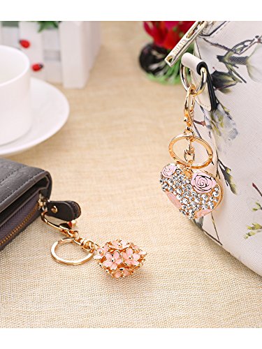 Mtlee Flowers Ball Keychain And Sweet Love Heart Rose Flower Crystal Keyring, 2 Pieces, Multicolor, Medium #TOP4
