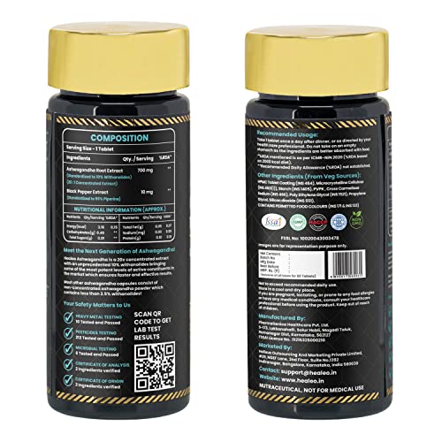 Image of Healeo Ashwagandha Ultra Strength 710mg - 10% Withanolides, 20:1 Extract, 2x Stronger than KSM 66 Ashwagandha - Anxiety & Stress Relief, Energy & Mood Enhancer - Lab Tested - 60 Veg Tablets