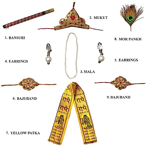 Image of Kaku Fancy Dresses Silk, Polyester Krishna Jewellery For Kids /Janmashtami /Bal Gopal Dress /Kanha Accessories /Bal Krishna Mukut /Krishna Sringar Jewellery (Set Of 6)