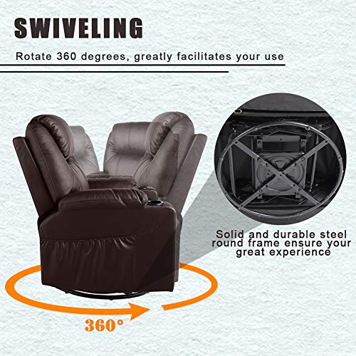 MAGIC UNION Modern PU Leather Massage Recliner Chair Rocking and 360°Swivel Heated Ergonomic Living Room Lounge Chair Single Sofa with 2 Cup Holders and Side Pockets Wireless Remote Control