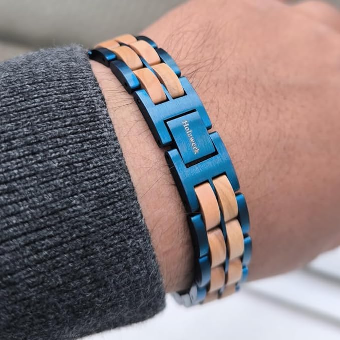 Holzwerk OBERSEE Natur Holz Armband für Damen und Herren Holzarmband Herrenarmband Damenarmband Braun Blau Einstellbar inkl. Armbandkürzer und Aufbewahrungsbox