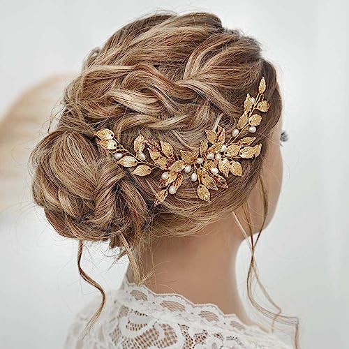 Gorais Leaf Bride Wedding Hair Comb Gold Bridal Hair Pieces Pearl Headpiece Hair Accessories For Women And Girls #TOP3