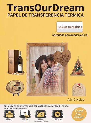 TransOurDream-Papel de transferencia térmica para madera claro1.0,Wood transfer paper(10 hojas, A4) Transferencias imprimibles con plancha para madera, fácil de usar (impresora de inyección de tinta)